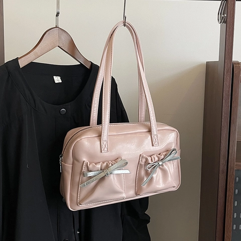 Damen Unterarm Schultertasche Glänzend PU Leder Y2K Retro Balletcore Schleife Taschen Doppelte Träger Tote Handtasche