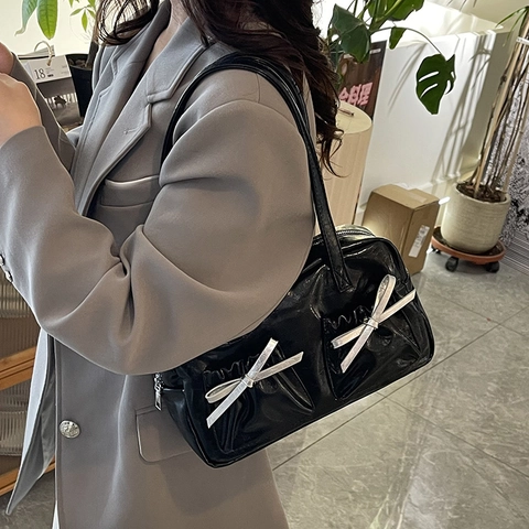 Damen Unterarm Schultertasche Glänzend PU Leder Y2K Retro Balletcore Schleife Taschen Doppelte Träger Tote Handtasche