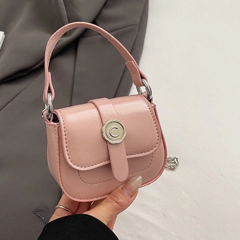 Women Mini Crossbody Bag PU Leather Small Square Saddle Purse Metal Chain Strap Letter Buckle Top Handle Trendy Chic
