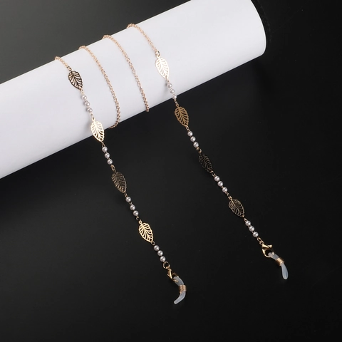 Elegante Catenella Per Occhiali In Metallo Dorato Con Foglie Traforate E Künstliche Perle Cordino Antiscivolo Da Donna