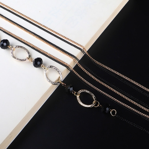 Multi-Layer Glasses Chain Eyewear Strap Metal Alloy With Black Crystal Beads Gold Oval Links Anti-Slip Fashion Accessory