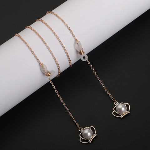 Catenella Per Occhiali Metallo Antiscivolo Cordino Con Ciondolo Perla Artificial Corona Passanti Silicone Regolabili Per Donna Moda