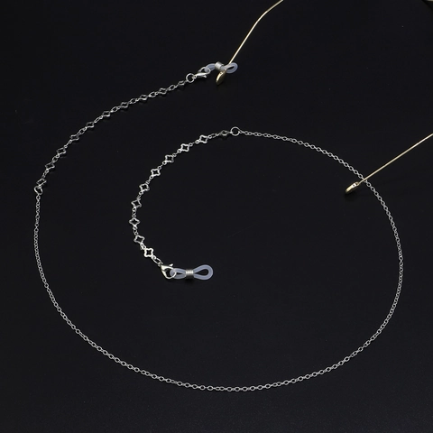 Eyewear Chain Silver Metal Necklace With Hollow Clover Flower Charm Anti-Slip Glasses Strap Holder Women