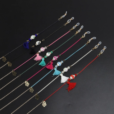 Handgemaakte Brillenketting Legering Metaal Keramische Kralen Textiel Kwastje Antislip Decoratieve Brilkoord Voor Dames