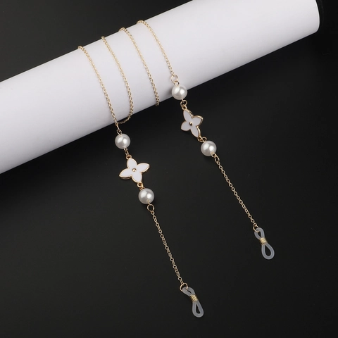 Glasses Chain Strap Copper Metal White Enamel Flower Faux Artificial Pearls Anti Slip Adjustable Holder For Eyewear Sunglasses