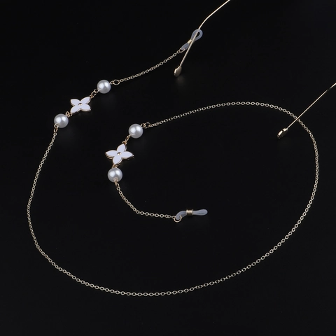 Glasses Chain Strap Copper Metal White Enamel Flower Faux Artificial Pearls Anti Slip Adjustable Holder For Eyewear Sunglasses