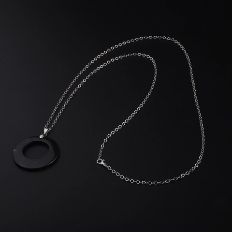 Silver Tone Alloy Metal Eyeglasses Chain Dual Use Necklace With Black Geometric Round Pendant Retro Minimalist Eyewear Strap