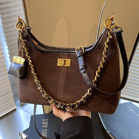 Retro Women Shoulder Bag Suede PU Leather Large Capacity Chain Strap Hobo Bucket Style For Daily Commuting