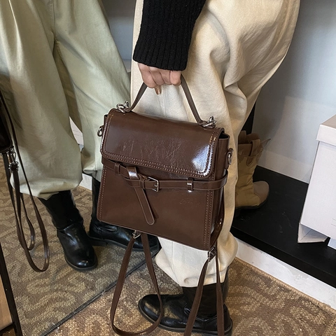 Zaino In Pelle PU Lucida Vintage Da Donna Borsa A Mano Multifunzionale Borsa A Tracolla Stile Retró Design Con Fibbia