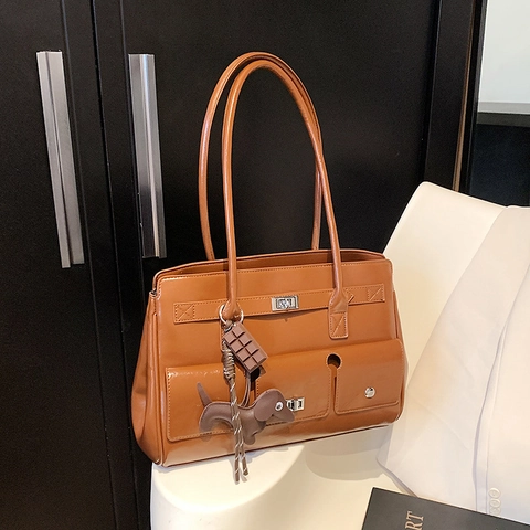 Sac À Épaule Rétro Pour Femmes En Cuir PU Brillant Grande Capacité Multi Poches Sac À Main Vintage Cabas