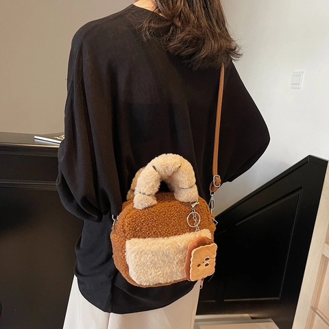Borsa A Tracolla In Peluche Donna Borsa A Mano Lana D'Agnello Colore A Contrasto Borsa Rotonda Con Ciondolo Pane Toast Carino