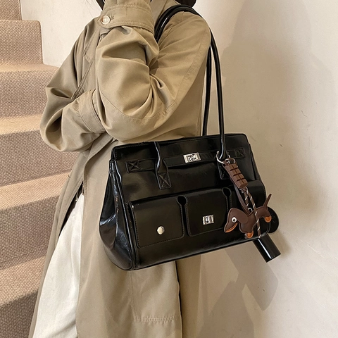Sac À Épaule Rétro Pour Femmes En Cuir PU Brillant Grande Capacité Multi Poches Sac À Main Vintage Cabas