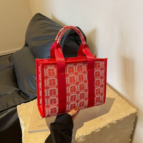 Borsa Tote Da Donna Tessuto Jacquard Borsa A Mano Motivo Cinese Doppia Felicità Matrimonio Stile Festival Casual Borsa A Spalla