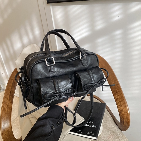 Borsa A Spalla Boston Da Donna In Pelle PU Vintage Grande Capacità Con Tasche Con Fiocco Accessori Argentati Borsa A Mano