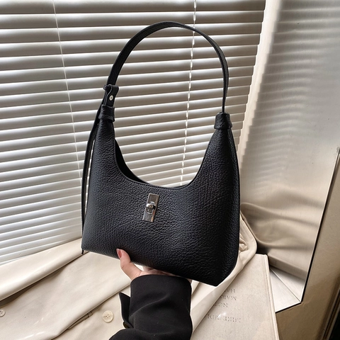 Women Hobo Underarm Bag Litchi Pattern PU Leather Shoulder Handbag With Silver Twist Lock Casual Commuting Solid Color