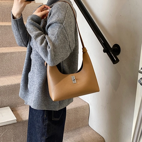 Women Hobo Underarm Bag Litchi Pattern PU Leather Shoulder Handbag With Silver Twist Lock Casual Commuting Solid Color