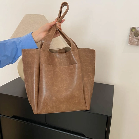 Große Kapazität Tote Bag PU Leder Retro Commuter Schulterhandtasche Mit Vordertasche Für Frauen