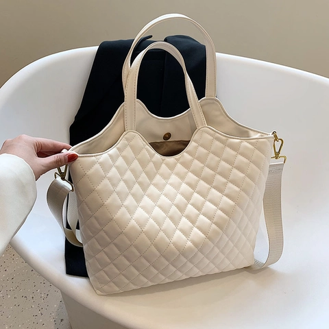 Quilted Rhombic PU Leather Tote Bag Large Capacity Crossbody Shoulder Handbag Adjustable Wide Strap Women Minimalist Daily