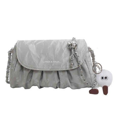 Women Ruched Shoulder Bag French Niche PU Leather Crossbody Small Square Bag With Metal Chain And Plush Monster Charm