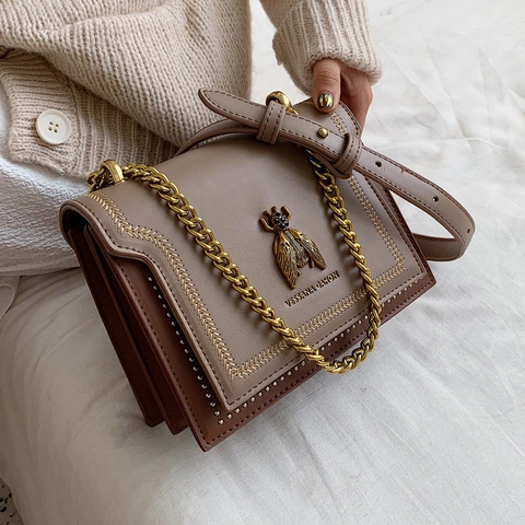 Borsa Tracolla Retro Donna Pelle PU Piccola Borsa Spalla Quadrata Decorazione Ape Metallo Rivetti Catena Patta Mano