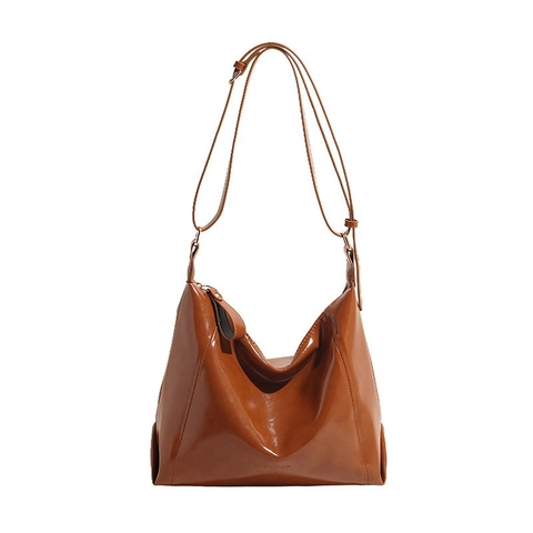 Vintage Shiny PU Leather Hobo Shoulder Bag Large Capacity Solid Color Casual Commuter Tote With Adjustable Strap