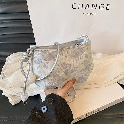 Dames Neo-Chinese Crossbody Tas Katoen Zilver Glitter Vlinder Halve Maan Tas Knoop Handvat Kraal Hanger Chic Y2K