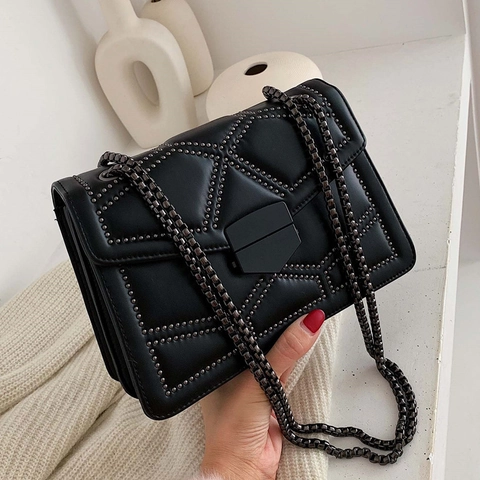 Women PU Leather Crossbody Bag Quilted Geometric Pattern Rivet Decor Chain Shoulder Small Square Flap Bag Modern