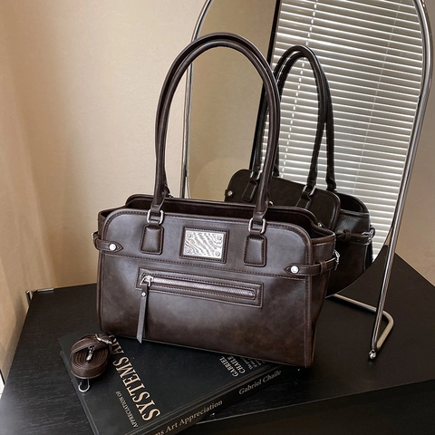 Retro PU Leather Tote Bag Large Capacity Crossbody Handbag With Pendant Office Commute Style For Women