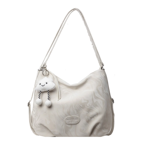 Fashionable Marble Pattern PU Leather Hobo Bag For Women Large Capacity Slouchy Tote With Cute Cloud Plush Pendant