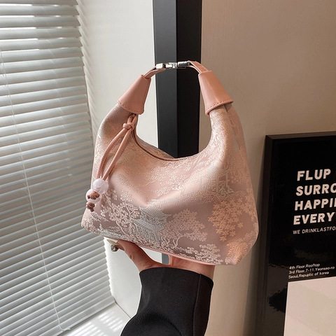 Bolso Hobo De Axila Para Mujer Estilo Chino Brocado Bordado Paisaje Decoración De Perlas Oriental Retro Elegante