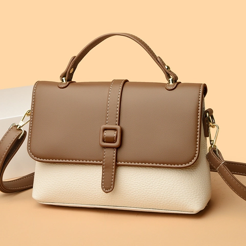 Bolso De Mano Patchwork Para Mujer Cuero PU Color De Contraste Mensajero Bandolera Cuadrada Herrajes Dorados