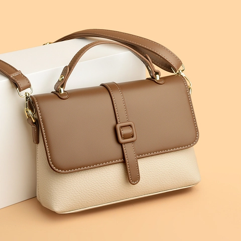 Bolso De Mano Patchwork Para Mujer Cuero PU Color De Contraste Mensajero Bandolera Cuadrada Herrajes Dorados