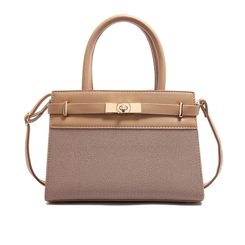 Elegante Borsa Da Donna In Pelle PU E Tessuto Patchwork Borsa A Tracolla Con Chiusura A Girello Dorata Manico Retro Trapezio