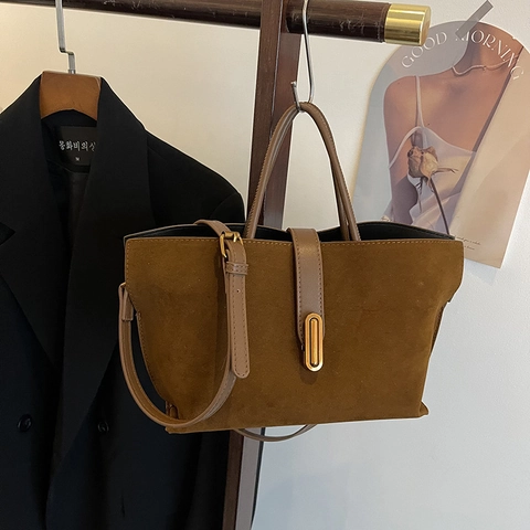 Retro Suède Crossbodytas Voor Dames Elegante Frosted Tote Handtas Met Goudmetalen Slot Verstelbare Schouderriem