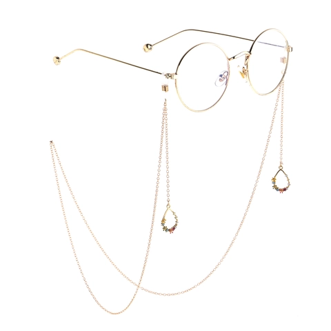 Glasses Chain Metal Gold Tone Anti Slip Holder Strap With Rhinestone Water Drop Pendant Colorful Eyewear Neck Cord