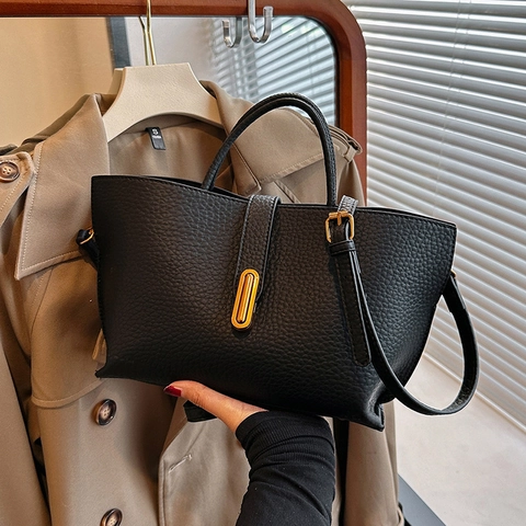 Sac À Main Femme En Cuir PU Grande Capacité Sac Bandoulière Boucle Métallique Dorée Vintage Fourre-tout Élégant