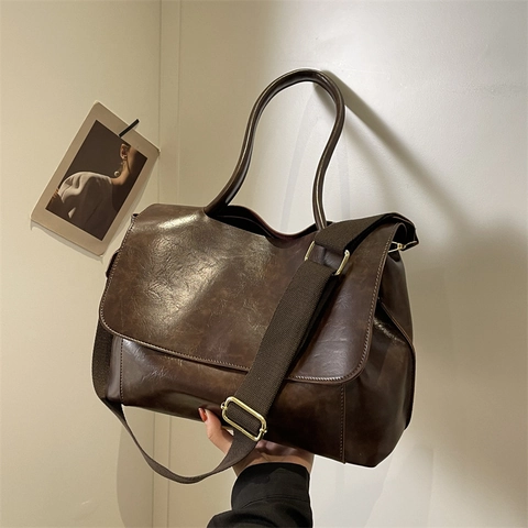 Large Capacity Women PU Leather Handbag Retro Flap Tote Bag With Wide Shoulder Strap For Commuting Daily Use