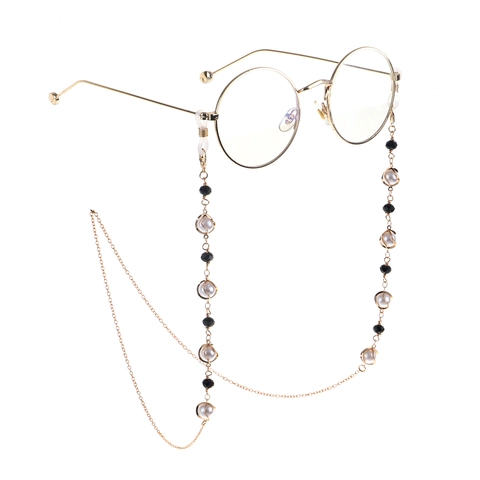Glasses Chain For Women Gold Metal With White Imitation Artificial Pearl And Black Beads Non-Slip Eyewear Strap Anti-Lost Holder