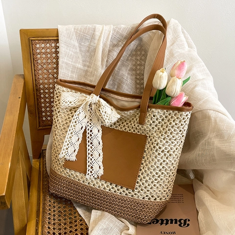 Women Large Capacity Hand Woven Straw Tote Bag Beach Vacation Shoulder Bag With Lace Bow And Leather Patch Zipper Closure