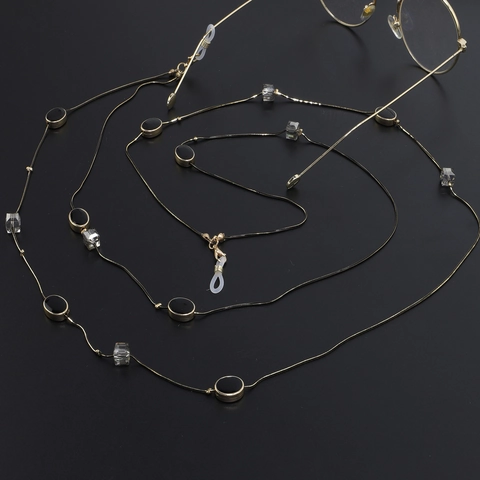 Gouden Metalen Brillenketting Voor Dames Met Zwarte Ovale Kralen En Helder Kubus Kristal Antislip Brillenkoord Ketting