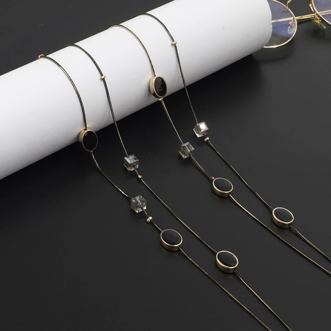 Gouden Metalen Brillenketting Voor Dames Met Zwarte Ovale Kralen En Helder Kubus Kristal Antislip Brillenkoord Ketting