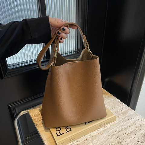 Große Kapazität Eimer Schultertasche Damen Kieselmaserung PU Leder Minimalistische Pendler Tote Bag Mit Innentasche