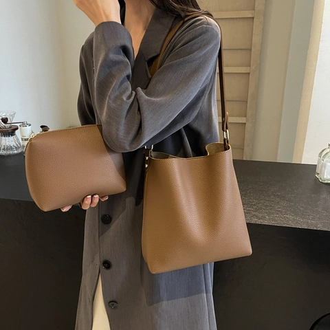 Große Kapazität Eimer Schultertasche Damen Kieselmaserung PU Leder Minimalistische Pendler Tote Bag Mit Innentasche