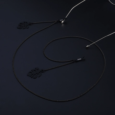 Mat Zwarte Metalen Brillenkoord Met Monstera Blad Hangers Antislip Rubberen Lusjes Voor Zonnebrillen Leesbrillen Mode