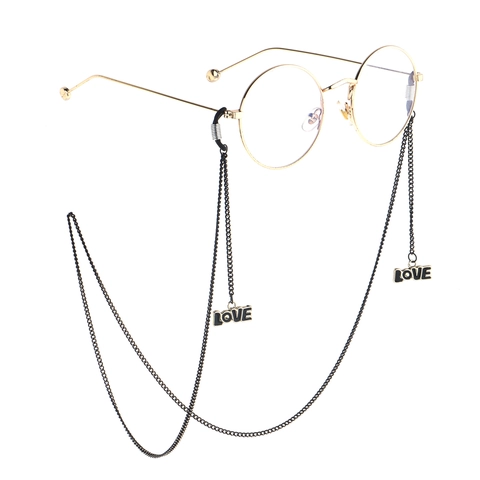 Fashion Black Metal Glasses Chain With Enamel LOVE Alphabet Charms Anti-Slip Eyewear Strap Adjustable Decorative Cord