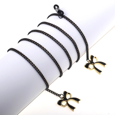 Fashion Metal Alloy Glasses Chain With Black Bow Pendant Anti Slip Eyeglass Strap For Women Elegant Eyewear Accessory