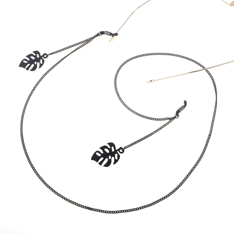 Black Metal Glasses Chain With Monstera Leaf Pendant Anti Slip Eyewear Strap Cord For Women Retro Elegant Fashion Accessory