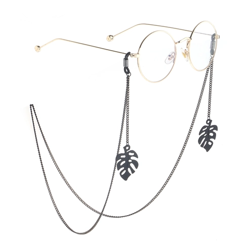 Black Metal Glasses Chain With Monstera Leaf Pendant Anti Slip Eyewear Strap Cord For Women Retro Elegant Fashion Accessory
