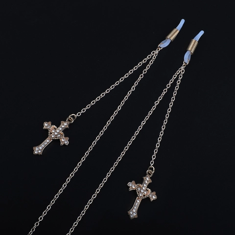 Fashion Gold Metal Glasses Chain Rhinestone Cross Pendant Anti-Slip Eyewear Strap Holder Women Accessory