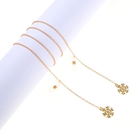 Gold Plated Alloy Eyeglasses Chain With Rhinestone Snowflake Pendants Anti-Slip Silicone Loops Winter Festive Fashion Neck Strap